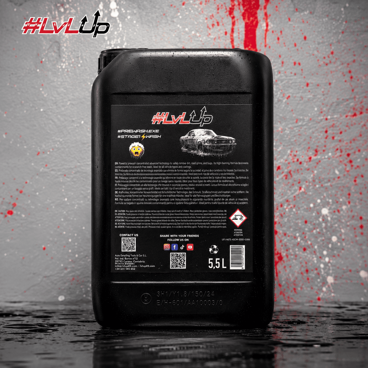 Black container labeled #LvlUp with car wash product details on the back, against a graffiti-style backdrop.