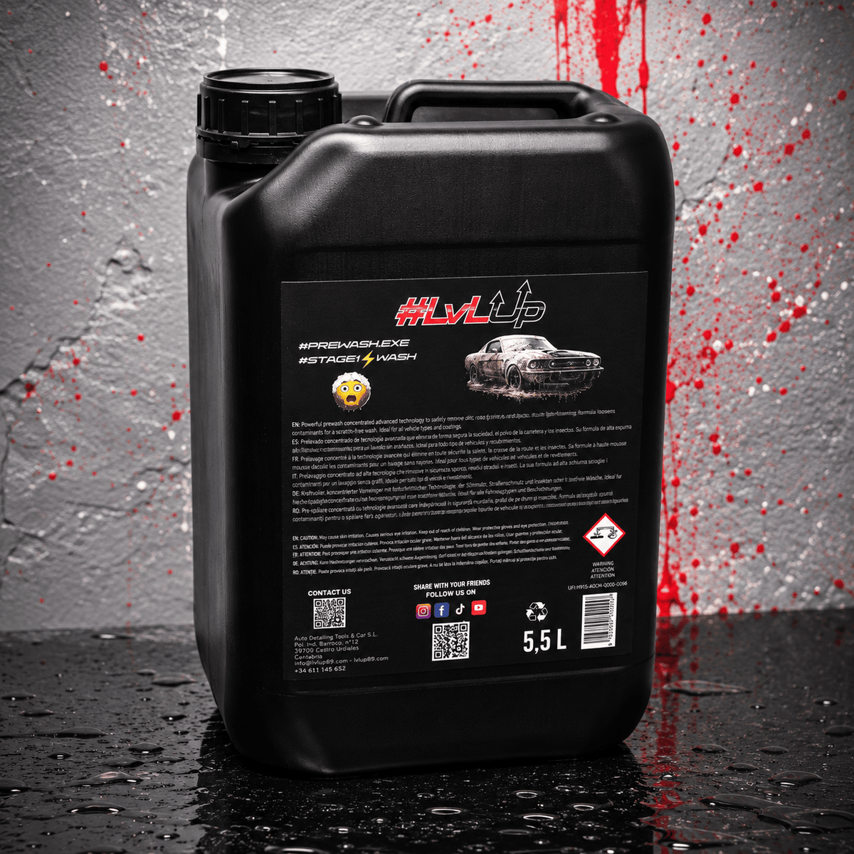PREWASH.EXE STAGE1 WASH concentrated pre-wash solution in a 5.5L black container with product details on the back.