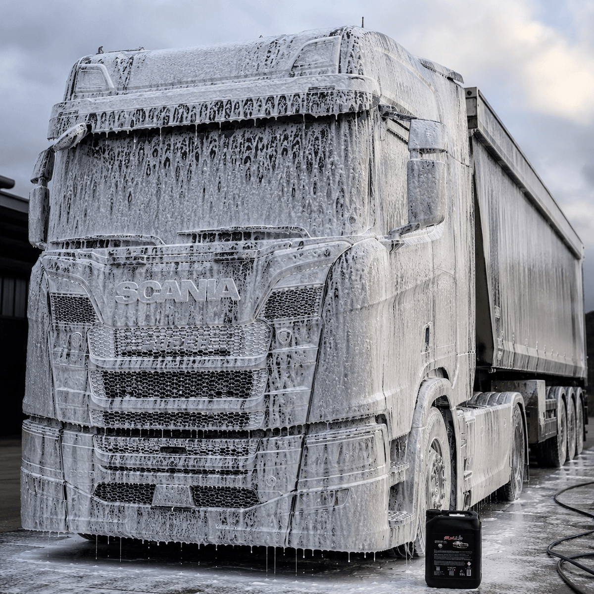 Scania truck covered in foam during the PREWASH.EXE STAGE1 WASH cleaning process.