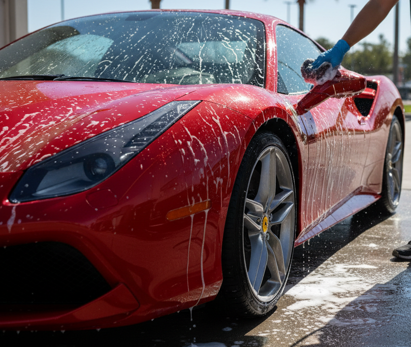 nice red car while washing 